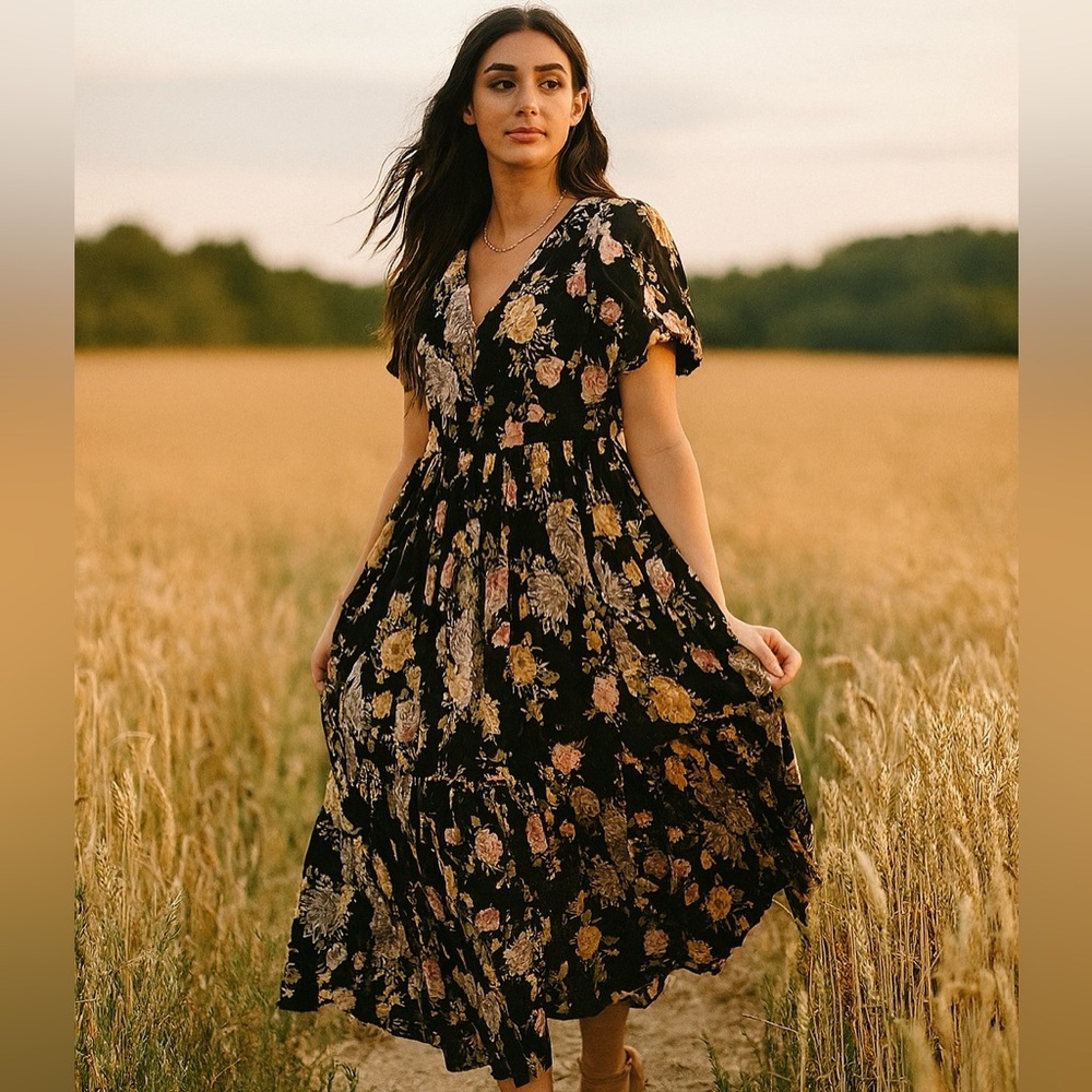 Vintage SCARLET Floral Black Maxi Dress Large